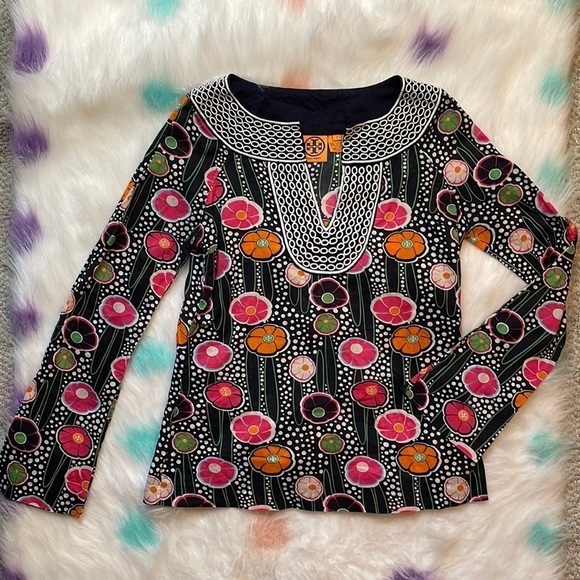 TORY Burch Embroidered Floral‎ Logo Tunic Size 2 - Picture 1 of 7